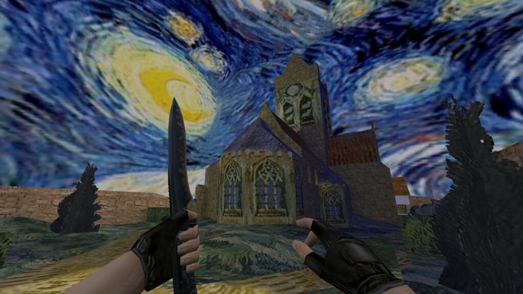 zrzut ekranu z Counter Strike, w tle widoczny motyw kościoła z obrazu van Gogha
